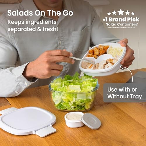 Bentgo Glass Salad Container - 7.6-Cup Salad Bowl with Airtight Lid, Leak-Proof Sauce Container, 4-Compartment Bento Tray & Reusable Fork - BPA-Free for Meal Prep, Office & More (White) - color: White
