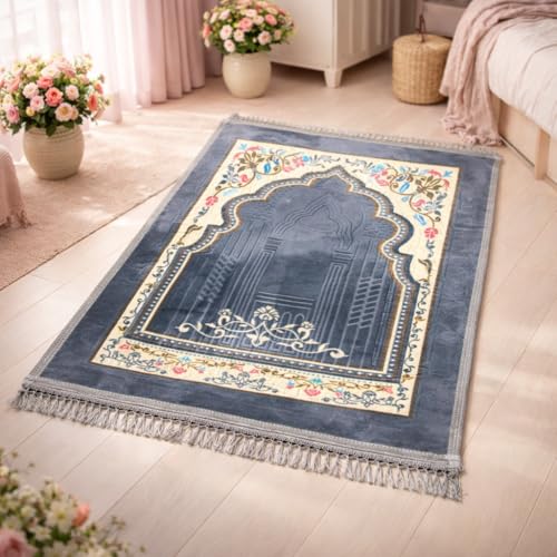 Prayer Mat for Muslim Men or Women, 70x110cm, Gray | Portable, For Ramadan, Umrah, Hajj, Turkish Rug, For Meditation and Worship - color: Grey