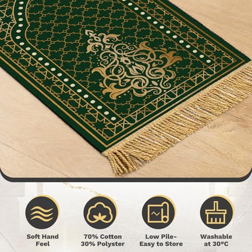 Muslim Prayer Mat Set, 4 PCS Soft Portable Islamic Prayer Rug - color: Green