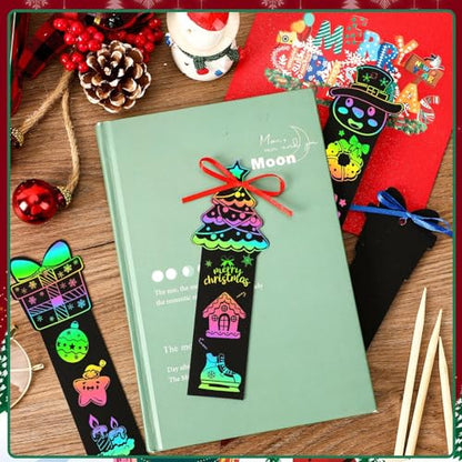 JUNEBRUSHS 30Pcs Christmas Scratch Bookmarks, Rainbow Magic Scratch Paper Art Christmas Tree Santa DIY Crafts Kit for Xmas Hanging Ornaments Christmas Party Favors Gifts - style: Christmas Style