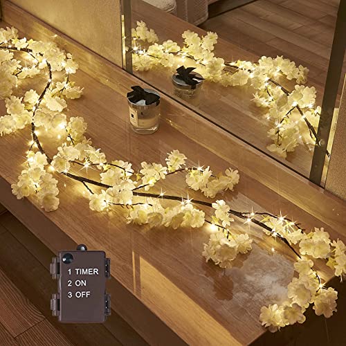 Hairui Cherry Blossom 96 LED Fairy Lights 6FT Garland, White, Battery Operated with Timer for Indoor/Outdoor Decor - color: CHERRY BLOSSOM