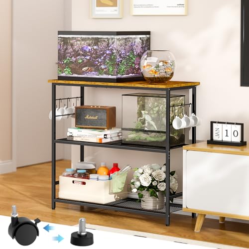ThreeHio 20 Gallon Fish Tank Stand, 3 Tier Aquarium Stand with Adjustable Shelf, 33.11" L* 15.75" W Tabletop, Heavy Duty Terrarium Stand with Lockable Wheels, Rolling Storage Cart Shelf Rack Organizer for Kitchen, Living Room, Office, Balcony