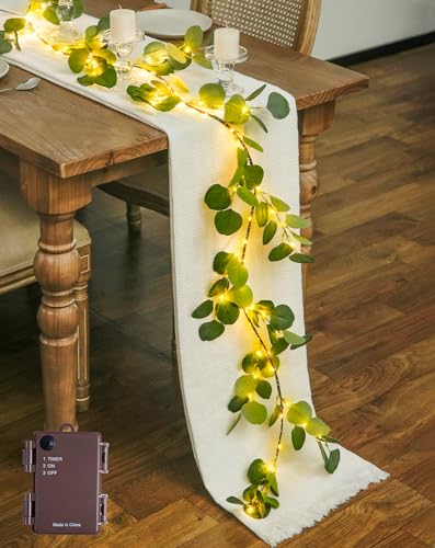 JMEXSUSS Artificial Eucalyptus Garland with Lights, 6FT Lighted Spring Garland Battery Operated with Timer for Mantel Fireplace Wedding Spring Valentine Decoration - color: Eucalyptus