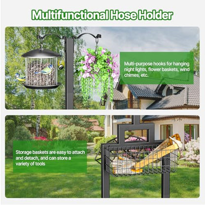 Garden Hose Holder, Water Hose Holders for Outside with Storage Basket & 2 Shepherds Hooks, Detachable Garden Hose Holder Freestanding, Heavy Duty Hose Holder Supports 150ft Hoses