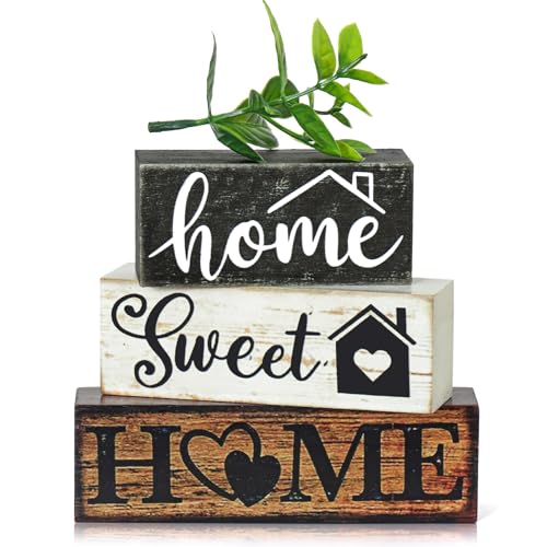 4Pcs Wooden Tabletop Decor Rustic Tiered Tray with Faux Eucalyptus Leaves Wood Block Sign Gift Sweet Home Centerpiece Decor for Bookshelf Kitchen Dining Table Entryway Fireplace Decoration - color: Sweet Home