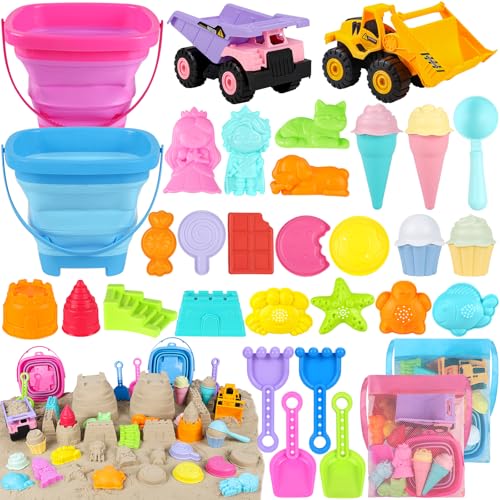 EULRGAUS Beach Toys with 2 Trucks, Collapsible Buckets for Kids Ages 3-12 | 2 Construction Vehicles, Sand Molds, Mesh Bags for Sandbox, Backyard, Summer Trips, Beach Games, Multi-Scene Outdoor Fun