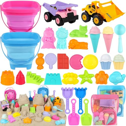 EULRGAUS Beach Toys with 2 Trucks, Collapsible Buckets for Kids Ages 3-12 | 2 Construction Vehicles, Sand Molds, Mesh Bags for Sandbox, Backyard, Summer Trips, Beach Games, Multi-Scene Outdoor Fun