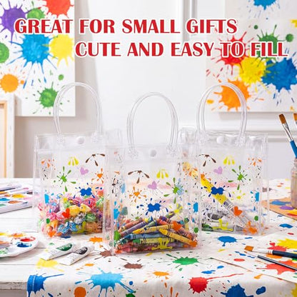Aliceset 24 Pcs Paint Party Favor Bags Transparent PVC Painting Gift Bags with Handles Reusable Transparent Goodie Tote for Paint Splatter Birthday Art Painting Party Baby Shower Treat Totes - style: Paint