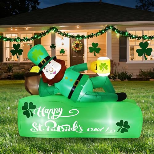 Lewondr 5.9FT St Patricks Day Inflatable Outdoor Decorations, Inflatable Leprechaun Lay on the Bed with Shamrocks, Blow up Yard Decoration with 6 Build-in Lights for Holiday Party Yard Lawn Garden - style: Leprechaun