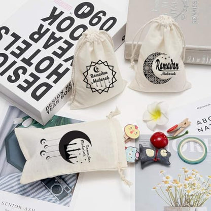 12 PCS Ramadan Drawstring Gift Bags,Eid Mubarak Goody Burlap Bag Small Drawstring Pouch Islamic Mosque Moon Star Cookie Bags Islam Eid Iftar al-Adha Favor Bag for Muslim Islam Party Decorations