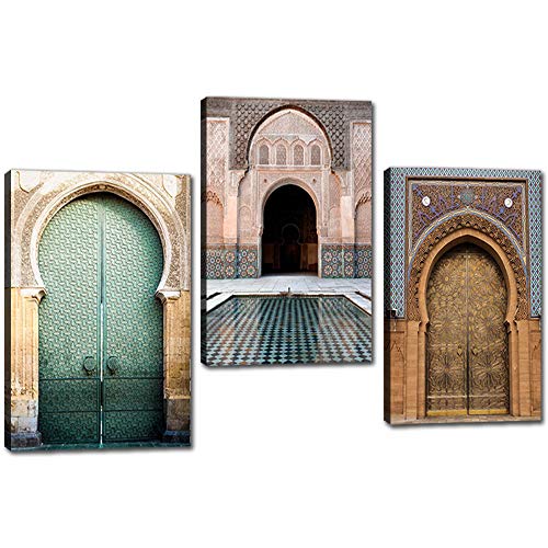 Creative Retro Muslim Artwork Moroccan Arch Old Door Canvas Painting Islamic Building Wall Art Poster Hassan-II Mosque Wall Art HD Large Size Wall Picture Gift Choice for Muslim Families-24"Wx36x3pcs - color: Artwork-16, size: 24''x36''x3pcs