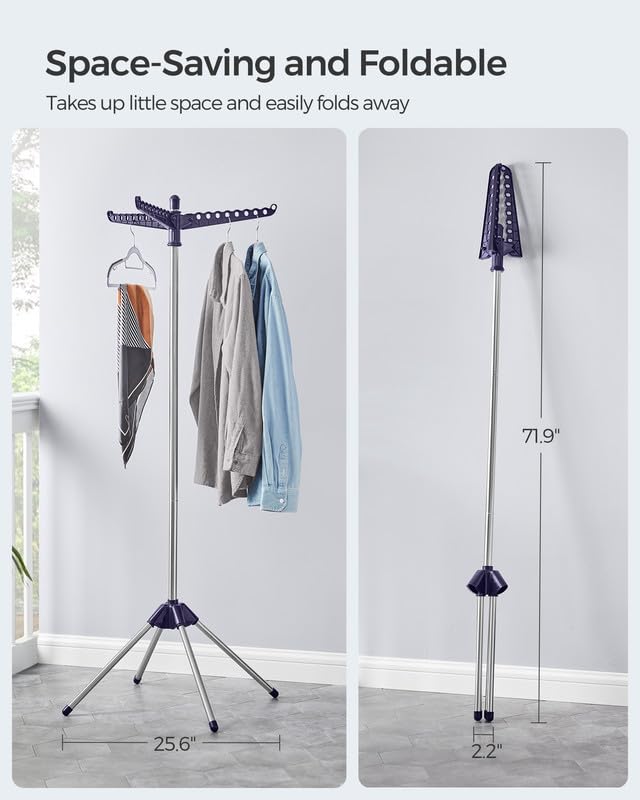 SONGMICS 의류 건조대, 149.9cm(59인치) 접이식 세탁 건조대, 행거용 회전 가능한 팔 3개, 다리 4개, 스테인리스 스틸, 옷 27피스용, 블루 및 실버 ULLR510Q01 - color: 블루 + 실버, style: 1단