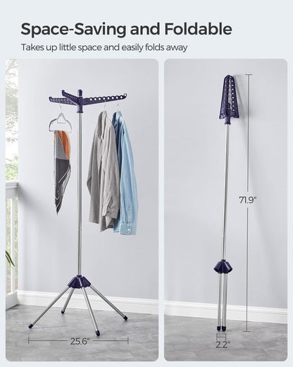 SONGMICS 의류 건조대, 149.9cm(59인치) 접이식 세탁 건조대, 행거용 회전 가능한 팔 3개, 다리 4개, 스테인리스 스틸, 옷 27피스용, 블루 및 실버 ULLR510Q01 - color: 블루 + 실버, style: 1단