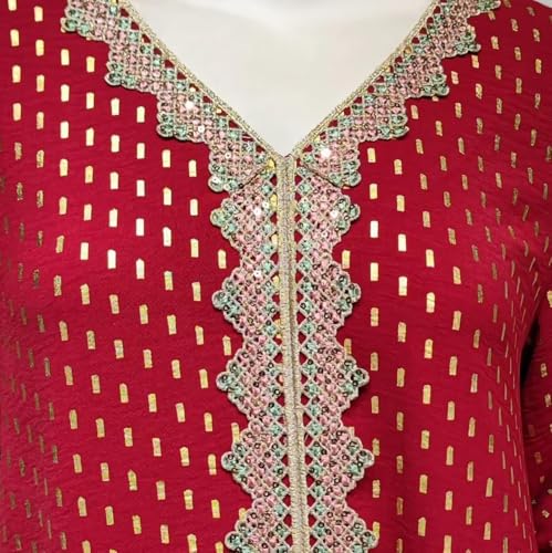 Women Muslim Abaya Dress V Neck Embroidered Kaftan Long Sleeve Loose Islamic Maxi Prayer Robe for Ramadan Eid - color: Red, size: X-Large