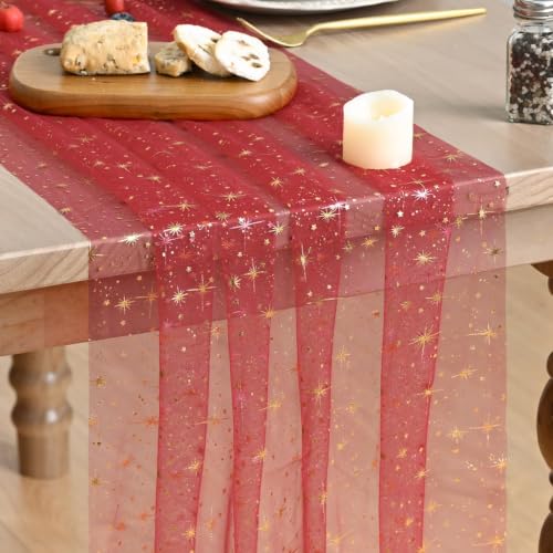 Artoid Mode Gold Stars Red Gauze Table Runner 120 Inch 10FT, Reversible Glitter Sheer Dining Wedding Holiday Birthday Table Decor for Home Party - color: Red Gold, size: 28" x 120"
