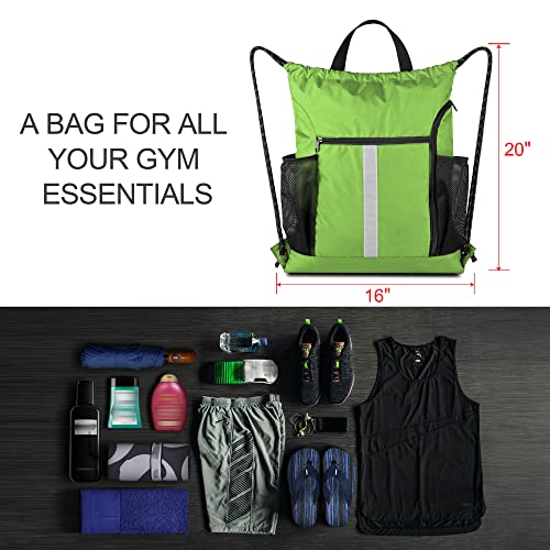 BeeGreen Cinch Bag Backpack String Gym Sackpack with Shoe Compartment and Two Side Mesh Pockets Large Lightweight Portable Sport Drawstring Sack - color: Lime, style: Drawstring With Shoe Compartment