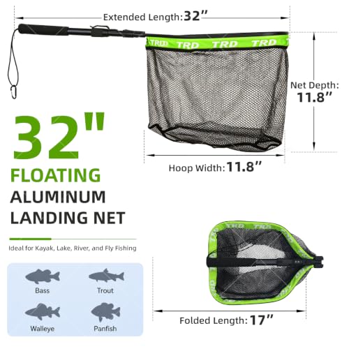 AluFloat X1 Fishing Net with Handle (Fish Net) - Floating Foldable Rubber-Coated Deep Mesh Landing Net for Bass & Fly Fishing - Fishing Gear, Kayak Accessories, Fishing Accessories - color: Neon green