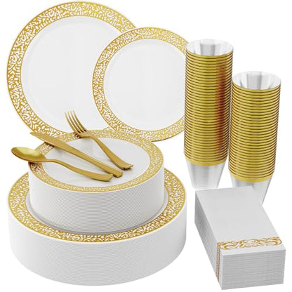 210 Count Gold Plastic Dinnerware, Gold Disposable Plates, Includes: 30 Dinner & 30 Dessert Plates & 30 Cups & 30 Paper Napkins & 30 Plastic Silverware Set -for Thanksgiving, Christmas, Parties - color: Gold