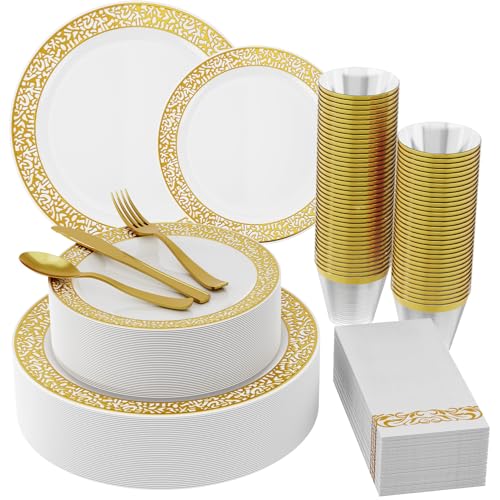 JOLLY CHEF 30 Guests Plastic Plates Set With Gold Rim Dinnerware Set - color: GOLD-210pack