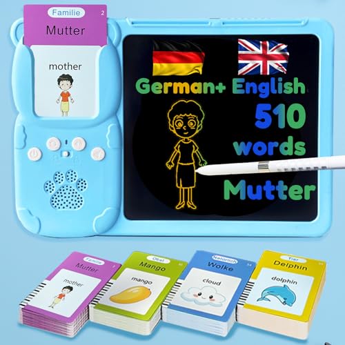 Writing Tablet with Bilingual Flash Cards for Kids, German, Blue - color: German, size: Blue