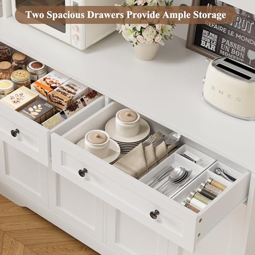 HOSTACK 75" Kitchen Pantry Storage Cabinet, Coffee Bar Hutch Cabinet, White | Tall Pantry Cabinet with Charging Station / Wide Countertop / Glass Doors / Wine Rack / Cup Holder / Drawers, Dining Room - color: White