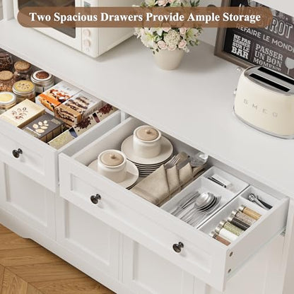 HOSTACK 75" Kitchen Pantry Storage Cabinet, Coffee Bar Hutch Cabinet, White | Tall Pantry Cabinet with Charging Station / Wide Countertop / Glass Doors / Wine Rack / Cup Holder / Drawers, Dining Room - color: White