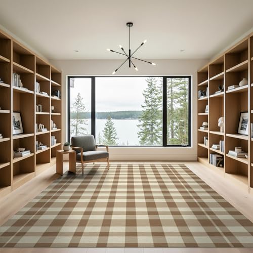 9'x12' Washable Flatwoven Rug, Cream Farmhouse Plaid Stain Resistant Massive Carpet for Dining Room, Basement, Large Office, Non-Slip Chair-Friendly Mat | Ref:1910428 - color: Beige/Pattern 29, size: 9' x 12' (Rectangular)