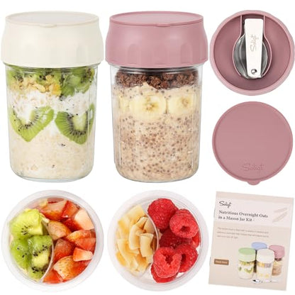 SOLIGT 2 Pack Overnight Oats Containers with Lids, Folding Spoons and Divided Compartments for Fruit & Nuts, Small Glass 16oz Mason Jars for Oatmeal Yogurt Parfait (2 Set-Oat White/Rose Pink) - color: 2 Set-Oat White/Rose Pink