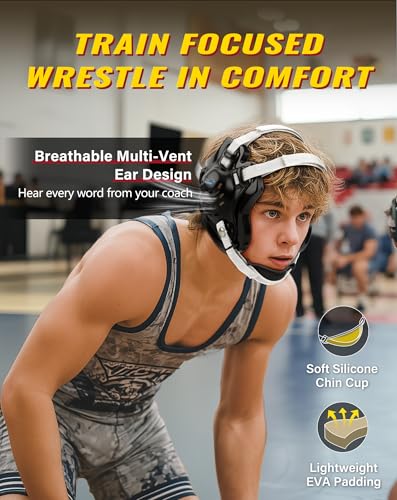 Trymaker Wrestling Headgear, Head Gear for Men and Youth with Chin Cup, Dual-Layer Ear Guard for MMA, BJJ (for Users Age 10+) - color: Black Headgear & White Strap