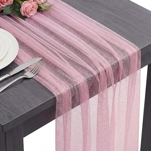 1 Pc Gauze Table Runner 10 ft, Pink Metallic Foil Sheer Glitter Table Runners for Wedding Reception Birthday Graduation Anniversary Party - color: Pink