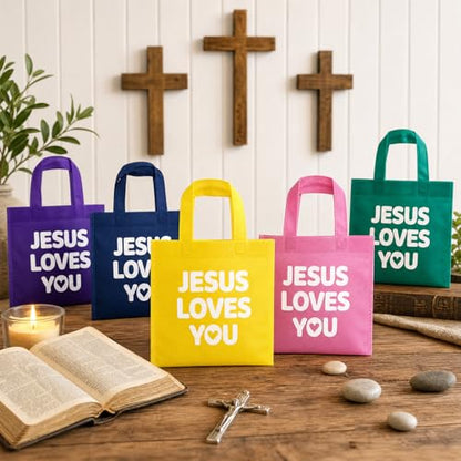 48 Pcs Christian Gift Bags Bulk Reusable Jesus Loves You Gift Bags with Handles, Non Woven Religious Gifts Bag for Church First Communion VBS Baptism Ramadan Party Favor Goodie Treat Bag (12 Colors)