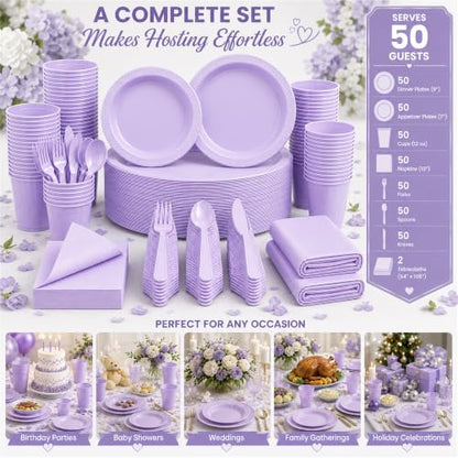 Tinybee 352 Pcs Lilac Plastic Plates, Disposable Dinnerware Set for 50 - color: Lavender