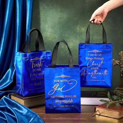 Aliceset 64 Pcs Christian Gift Bags Bulk with Handles for Church Favors Reusable Medium Bible Verse Religious Gift Bags Non Woven Welcome Totes for Baptism Vacation Bible School Gifts (Blue) - color: Blue