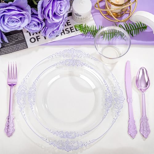 Hioasis 175pcs Clear and Purple Plates - Party Plates for 25 Guest, Include 50 Heavy-duty Plates(20% Thicker Than Standard), 25 Pre Rolled Plastic Silverware Set, 25 Cups for Graduation - color: Clear and Purple