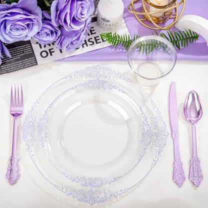 Hioasis 175pcs Clear and Purple Plates - Party Plates for 25 Guest, Include 50 Heavy-duty Plates(20% Thicker Than Standard), 25 Pre Rolled Plastic Silverware Set, 25 Cups for Graduation - color: Clear and Purple