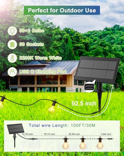 Zuske Solar String Lights Outdoor Waterproof 100FT with USB Port and 52 Shatterproof G40 Bulbs(2 Spare), LED Solar Powered Patio Lights for Outside, Porch, Backyard, Gazebo, Garden(Warm White) - size: Solar-100FT