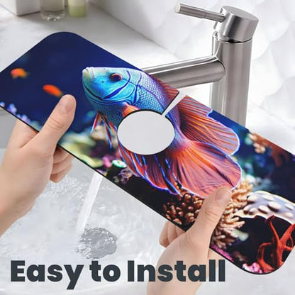 Coral Reef Fish Aquarium Faucet Mat for Kitchen Sink Splash Guard 14×38 CM Super Absorbent Diatomite Faucets Suction Pad Faucet Handle Drip Catcher Tray Dish Drying Mat Housewarming Gift