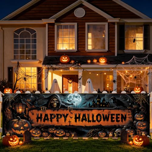 Happy Halloween Fence Banner 118 x 35 Inch, Large Outdoor Halloween Banner with Wooden Sign, Grim Reaper Skeleton, Pumpkins, Crow, Lanterns & Haunted Night Scene for Yard Fence Decor - color: 279-1