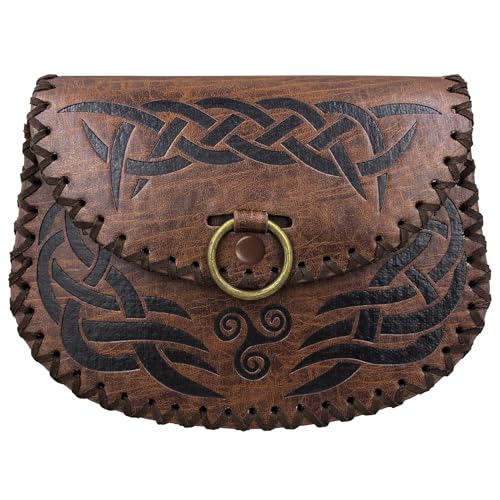 HiiFeuer Viking Embossed Faux Leather Belt Bag, Medieval Side Pack Pouch - color: Brown B