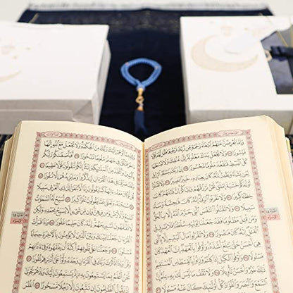 IEF Personalized Prayer Rug Quran Prayer Beads Islamic Gift Set, Ramadan Eid Wedding Birthday Mother's Day Father's Day Anniversary Day Gifts - color: Navy Blue with Bag