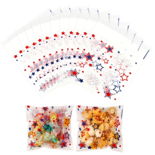 4th of July Cellophane Treat Bags, 100 PCS Patriotic Treat Bags, Self Adhesive Red Blue Star Firework Plastic Fourth of July Candy Cookie Gift Goodies Snacks Bag for Independence Day Party Supplies - color: Ramadan style02, size: 1 Count (Pack of 100)