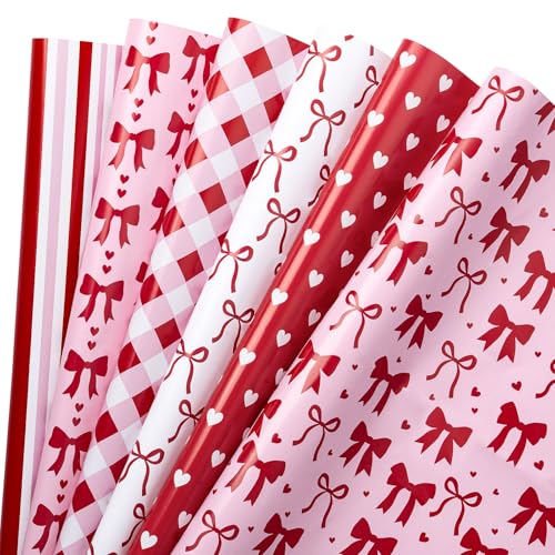 RUSPEPA Valentine's Day Wrapping Paper Sheets, Red and Pink Heart, Bow, Stripe and Plaid Design, Romantic Gift Wrap for Girls, Birthday, Anniversary, Bridal Shower, 6 Folded Sheets, 19.68 X 27.5 Inch - color: Romantic Design