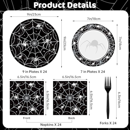 96 Pcs Halloween Plates and Napkins Set - Black Spider Webs Dinner Dessert Paper Plates Cocktail Napkins Forks Disposable Tableware for Spiderweb Halloween Party Decorations Supplies Favors, Serve 24 - style: Halloween