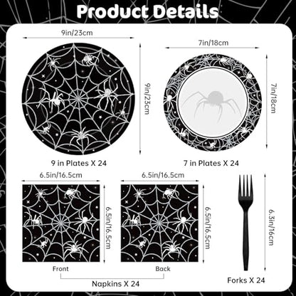 96 Pcs Halloween Plates and Napkins Set - Black Spider Webs Dinner Dessert Paper Plates Cocktail Napkins Forks Disposable Tableware for Spiderweb Halloween Party Decorations Supplies Favors, Serve 24 - style: Halloween