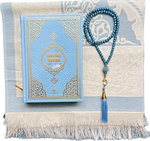 English Translate Thermo Leather Covered Quran, Tafta Prayer Mat and Beads Set |Quran Size:8*5.5İnch/20*14cm | Muslim Prayer Mat | Great Ramadan Gifts for Muslim Men,Women(Light Blue,1Sets) - color: Light Blue, size: 6" x 8" (Rectangular)
