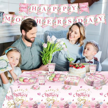 98PCS Happy Mother's Day Party Supplies Mothers Day Tableware Set Best Mom Ever Paper Plates Napkins Forks Knives Tablecloth Banner Mothers Day Party Decorations Disposable Dinnerware for 16 Guests - style: Happy Mother's Day