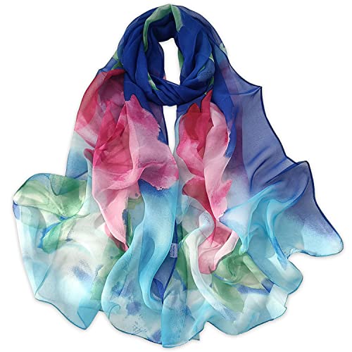 E-Clover Women Soft Floral Print Shawl Chiffon Sheer Scarf - color: Blue Pink Flower-01