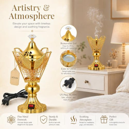 NOLITOY Electric Bakhoor Burner for Home - Iron Oud Resin Incense Burner Plug in - Decorative Middle Eastern Censer for Meditation Yoga Office 9-inch (us Plug)