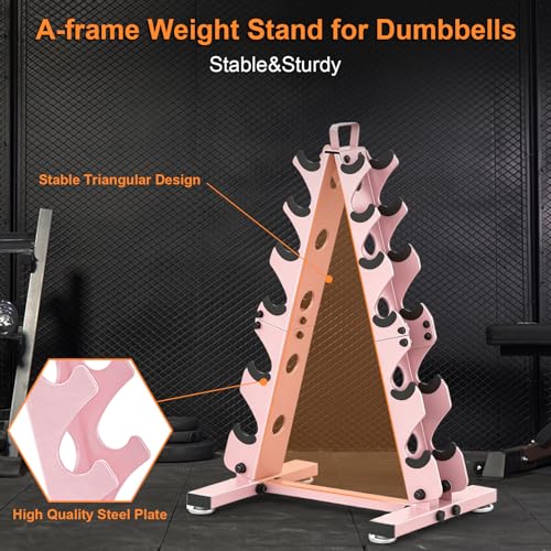 TomCare 6-Tier|5-Tier|4-Tier|2-Tier Dumbbell Rack Stand Only for Home Gym | Stable A-Frame, Fits 5–35 lb Dumbbells, Protective Padded Cradles, Adjustable Feet, Easy-Carry Handle (Stand Only) - color: Pink, size: 6 Tier