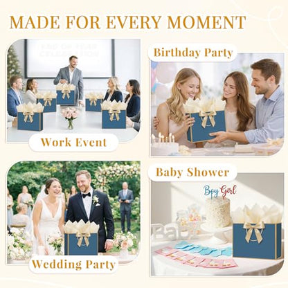 ANZNKU 2PCS Blue Gift Bags Set, Medium Gift Bags with Handles 4 Tissue Paper 2 Ribbons 2 Cards for Women & Men Wedding Birthday Graduation Bridal Baby Shower Engagement Party Favors Present Wrap - color: Navy Blue